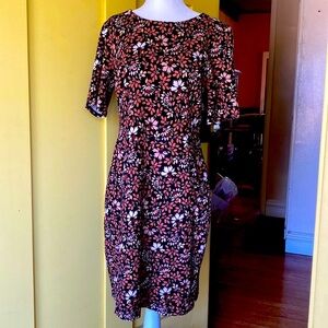 LANDS’ END Size 12P Stretchy Sheath Dress BROWN BLACK CREAM FLORAL EUC